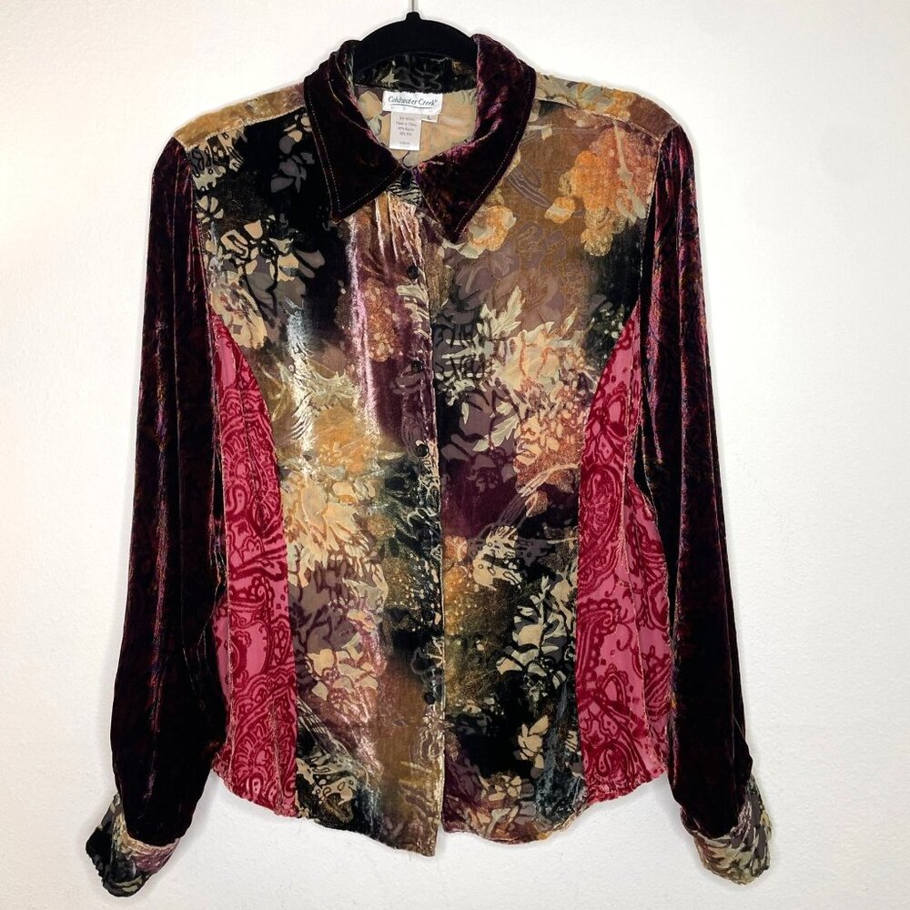 Coldwater Creek Womens Velvet Burnout Button-Down Top‎ Multicolor Blouse Large